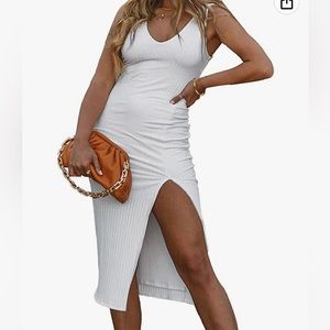 White Sexy Sleeveless V Neck Bodycon Midi Summer Dress Side Slit Ribbed Knit
